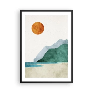Poster in cornice nera - Paesaggio montano minimalista con spiaggia e sole - 50x70cm - Paesaggio come si deve - Decorazione murale moderna per soggiorno e camera da letto ARTTOR