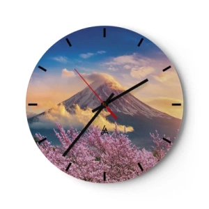Orologio da parete - Orologio in Vetro - Una montagna tra le nuvole con un fiore di ciliegio in primo piano - 30x30cm - Sacralità giapponese - Decorazione murale moderna per soggiorno, cucina e camera da letto ARTTOR