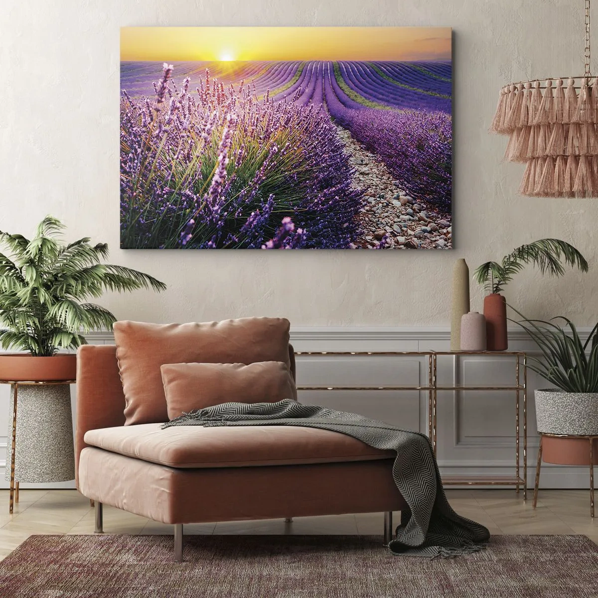 Quadro su tela - Stampe su Tela - Campo di lavanda al tramonto - 70x50cm - Campo profumato - Decorazione murale moderna per soggiorno e camera da letto ARTTOR