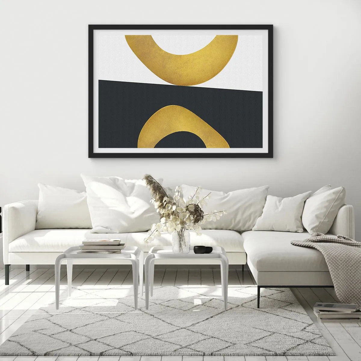 Poster in cornice nera - Forme geometriche in oro su sfondo bianco e scuro - 70x50cm - Iniziamo dall'oro - Decorazione murale moderna per soggiorno e camera da letto ARTTOR