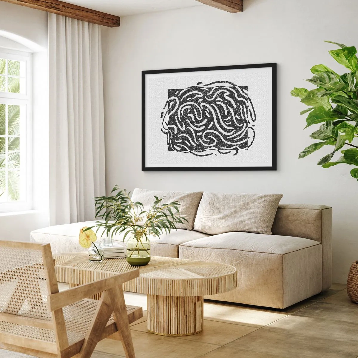 Poster in cornice nera - Astrazione in bianco e nero in stile geometrico - 70x50cm - Astrazione: la danza della gioia - Decorazione murale moderna per soggiorno e camera da letto ARTTOR