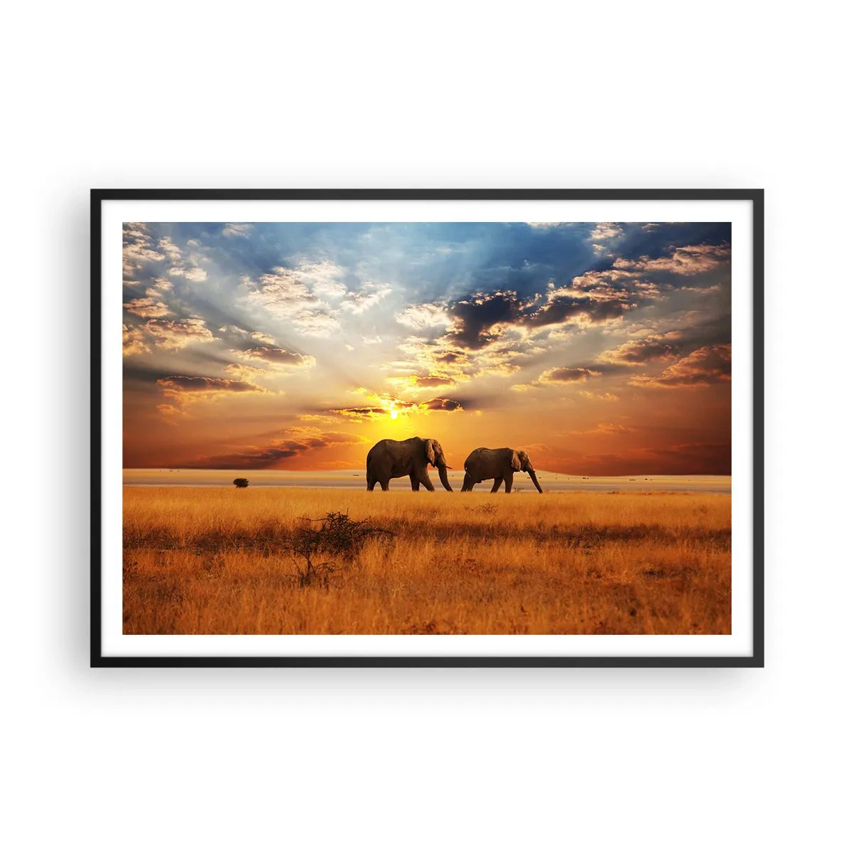 Poster in cornice nera - Elefanti nella savana al tramonto - 100x70cm - Passeggiata familiare - Decorazione murale moderna per soggiorno e camera da letto ARTTOR