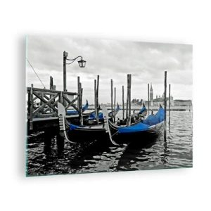 Quadro su vetro - Gondole blu sullo sfondo del paesaggio veneziano - 70x50cm - Venezia pensierosa - Decorazione murale moderna per soggiorno e camera da letto ARTTOR