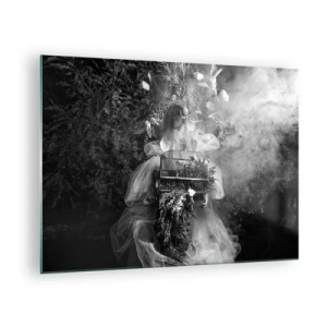 Quadro su vetro - Donna con abito a gabbia di tulle e corona di piante in bianco e nero - 70x50cm - Madre natura stessa - Decorazione murale moderna per soggiorno e camera da letto ARTTOR