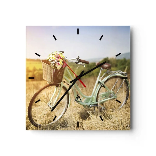 Orologio da parete - Orologio in Vetro - Una bicicletta retrò con un cesto pieno di fiori sullo sfondo di un prato. - 30x30cm - Resto qui un attimo - Decorazione murale moderna per soggiorno e camera da letto ARTTOR