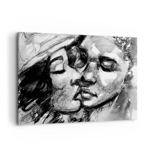 Quadro su tela - Stampe su Tela - Un acquerello in bianco e nero che raffigura un momento intimo tra due persone. - 120x80cm - Un attimo di tenerezza - Decorazione murale moderna per soggiorno e camera da letto ARTTOR