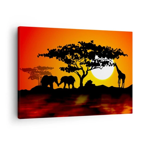 Quadro su tela - Stampe su Tela - Tramonto africano con sagome di elefanti e giraffe sull'acqua - 70x50cm - Incontro nella savana - Decorazione murale moderna per soggiorno e camera da letto ARTTOR