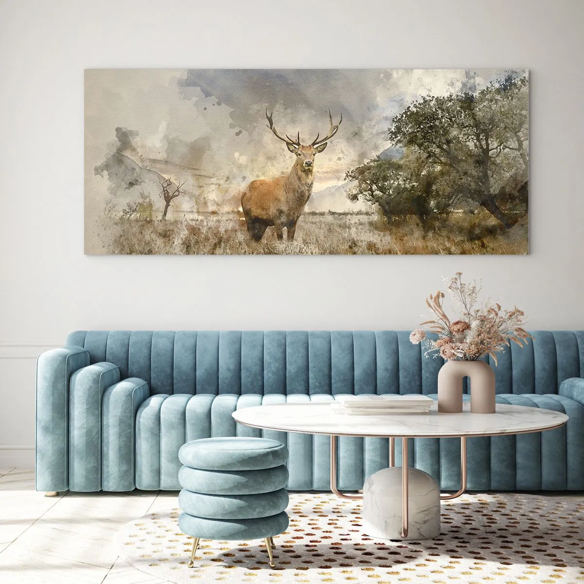 Quadro su vetro - Un cervo in un ambiente naturale in stile acquerello - 160x50cm - Dignità - forza - maestosità - Decorazione murale moderna per soggiorno e camera da letto ARTTOR