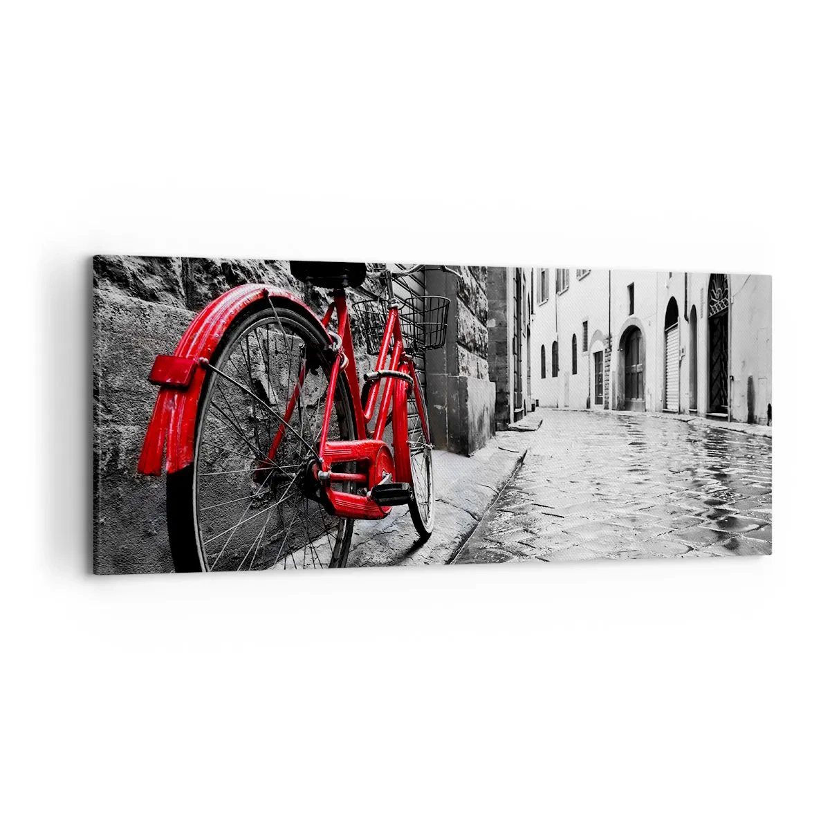 Quadro su tela - Stampe su Tela - Bicicletta rossa in una strada bianca e nera - 120x50cm - La vera bellezza non invecchia - Decorazione murale moderna per soggiorno e camera da letto ARTTOR