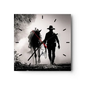 Orologio da parete - Orologio in Vetro - Cowboy con cavallo nella nebbia mattutina - 30x30cm - Mattino texano - Decorazione murale moderna per soggiorno e camera da letto ARTTOR