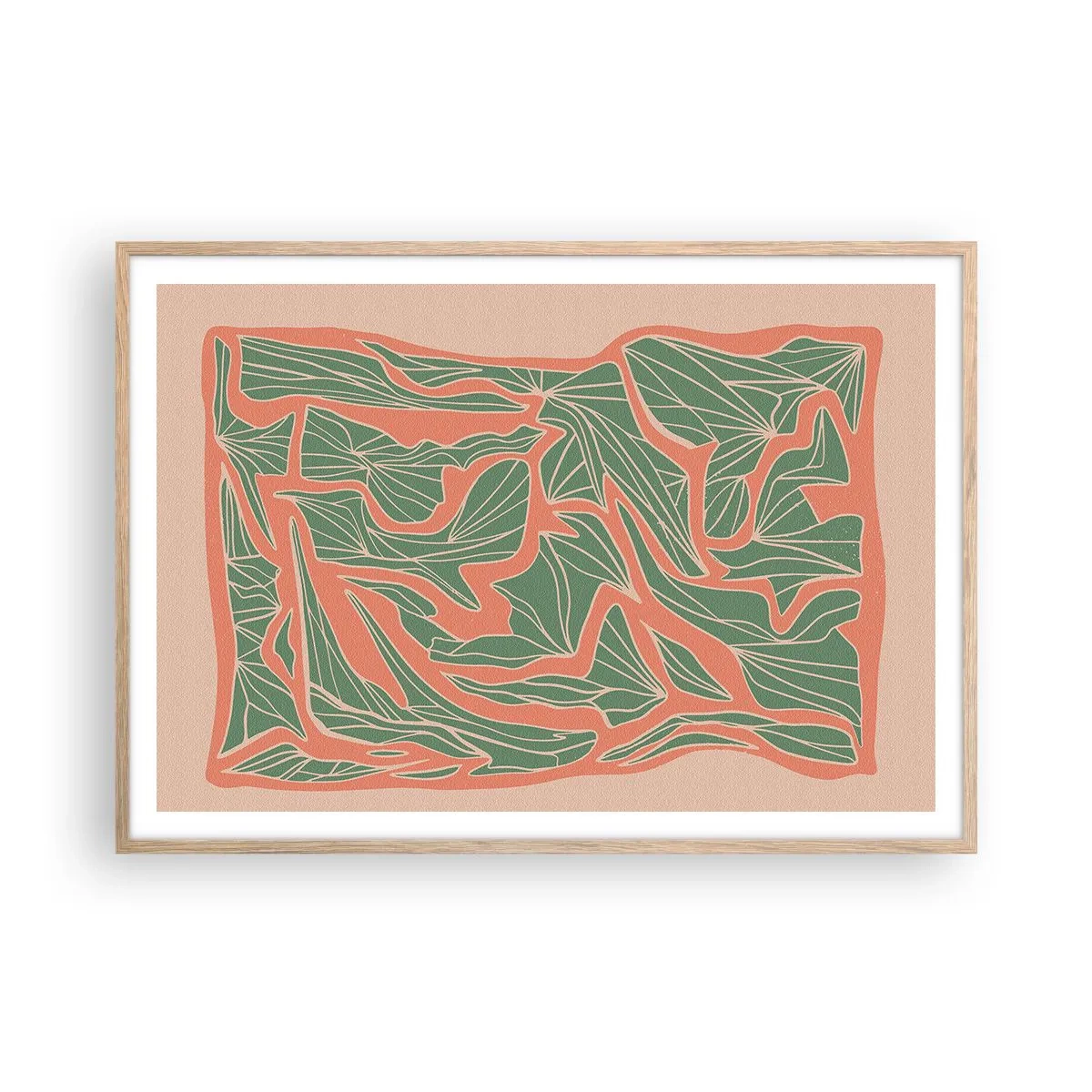 Poster in cornice rovere chiaro - La lotta tra il corallo e il verde - 100x70 cm