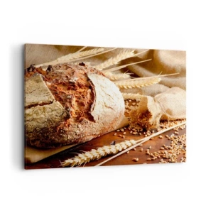 Quadro su tela - Stampe su Tela - Pane croccante con cereali e spighe di grano su fondo in legno - 100x70cm - Appetitoso, profumato, croccante - Decorazione murale moderna per soggiorno e camera da letto ARTTOR