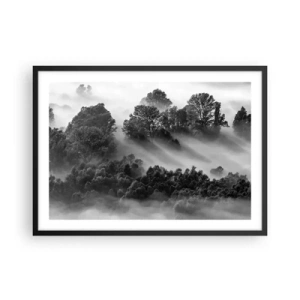 Poster in cornice nera - Paesaggio forestale in bianco e nero nella nebbia mattutina - 70x50cm - Risveglio dal sonno - Decorazione murale moderna per soggiorno e camera da letto ARTTOR