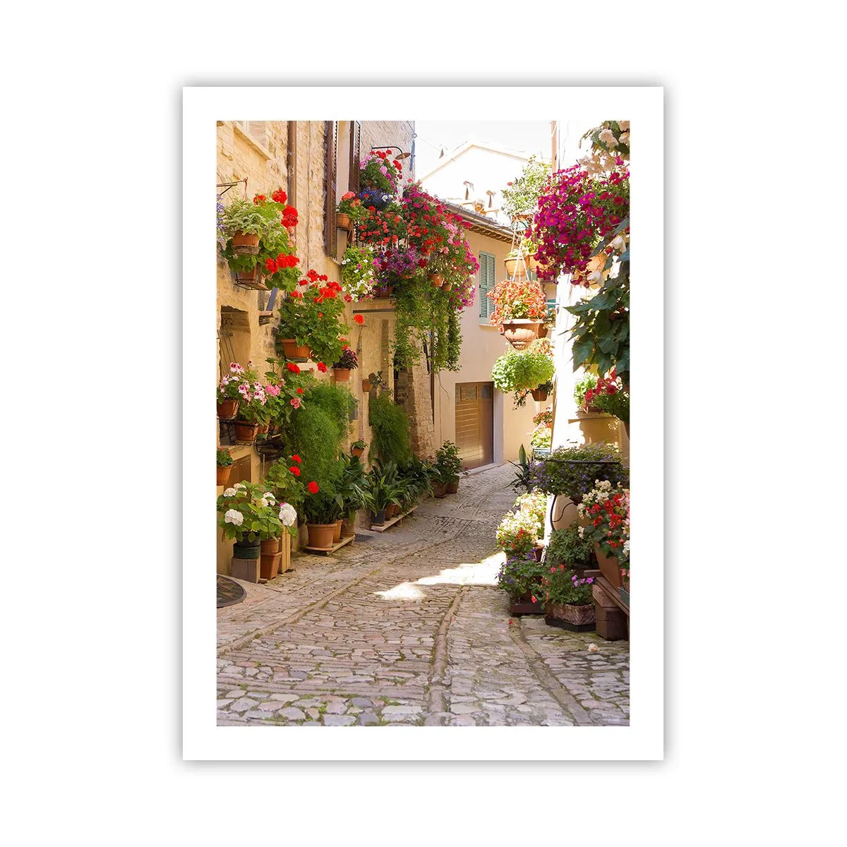 Poster - Una strada fiorita con pavimentazione in pietra e vasi di fiori - 50x70cm - Un'esplosione di fiori - Decorazione murale moderna per soggiorno e camera da letto ARTTOR