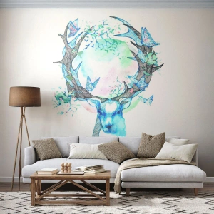 Fotomurali Standard Eco - Cervo con farfalle e uno sfondo mistico in acquerello - 100x70cm - La forza e la delicatezza della natura - Decorazione murale moderna per soggiorno e camera da letto ARTTOR