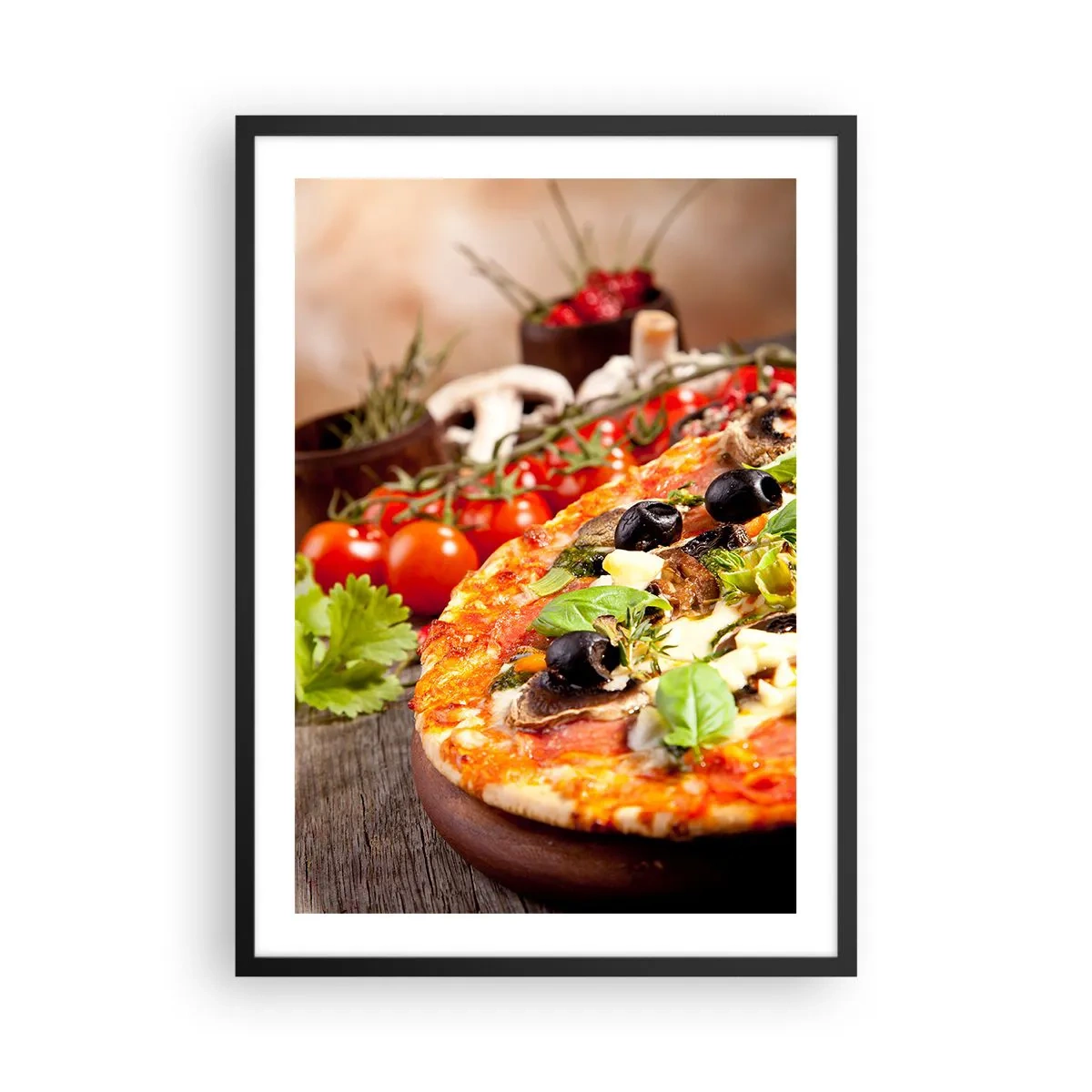 Poster in cornice nera - Pizza con olive ed erbe aromatiche con ingredienti freschi - 50x70cm - Con ingredienti tellurici - Decorazione murale moderna per soggiorno e camera da letto ARTTOR