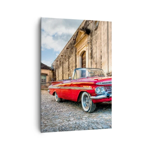 Quadro su tela - Stampe su Tela - Auto d'epoca rossa su una strada acciottolata - 70x100cm - Impressioni di Cuba - Decorazione murale moderna per soggiorno e camera da letto ARTTOR