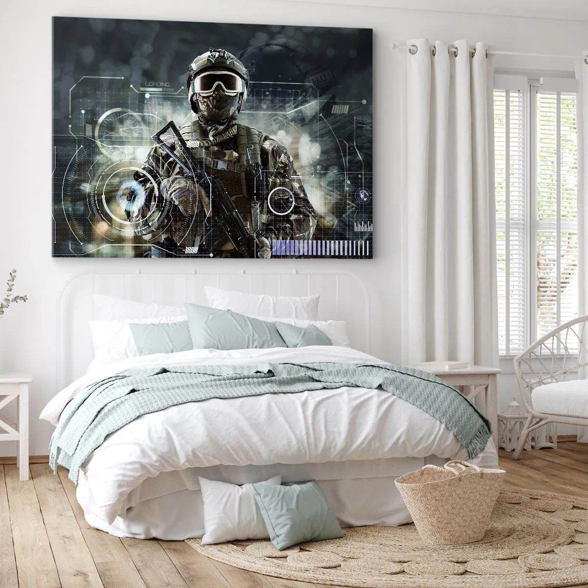 Quadro su tela - Stampe su Tela - Un soldato con un casco futuristico e una pistola sullo sfondo della tecnologia. - 70x50cm - Potenza al quadrato - Decorazione murale moderna per soggiorno e camera da letto ARTTOR