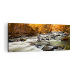 Quadro su tela - Stampe su Tela - Un ruscello in una foresta autunnale circondato da foglie dorate - 120x50cm - Ruscello nel bosco dorato - Decorazione murale moderna per soggiorno e camera da letto ARTTOR