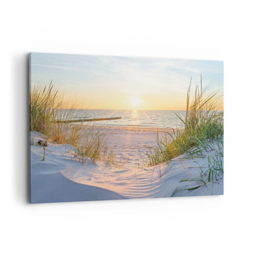 Quadro su tela - Stampe su Tela - Una spiaggia sabbiosa con vista sul tramonto sul mare - 120x80cm - Rumore del mare, uccelli che cantano, spiaggia selvatica tra i cespugli... - Decorazione murale moderna per soggiorno e camera da letto ARTTOR