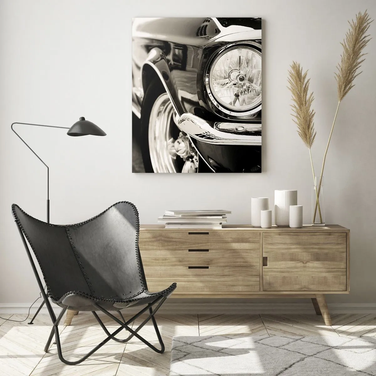Quadro su vetro - Primo piano della parte anteriore di un'auto d'epoca in seppia - 50x70cm - Bellezza intramontabile - Decorazione murale moderna per soggiorno e camera da letto ARTTOR