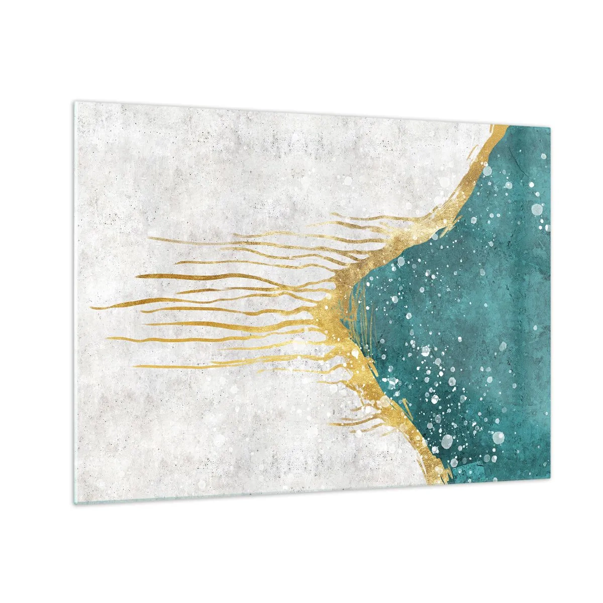 Quadro su vetro - Motivo astratto dorato su sfondo turchese e bianco - 70x50cm - Flusso dorato - Decorazione murale moderna per soggiorno e camera da letto ARTTOR