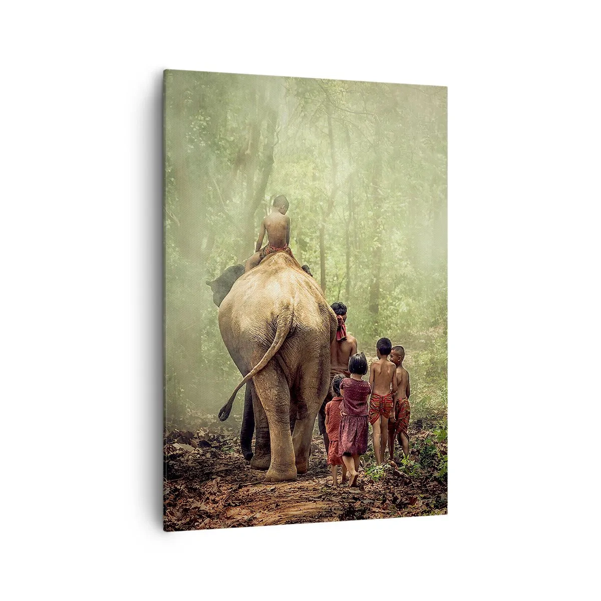 Quadro su tela - Stampe su Tela - Bambini con un elefante in una foresta verde alla luce del mattino - 70x100cm - Il nuovo Libro della Giungla - Decorazione murale moderna per soggiorno e camera da letto ARTTOR
