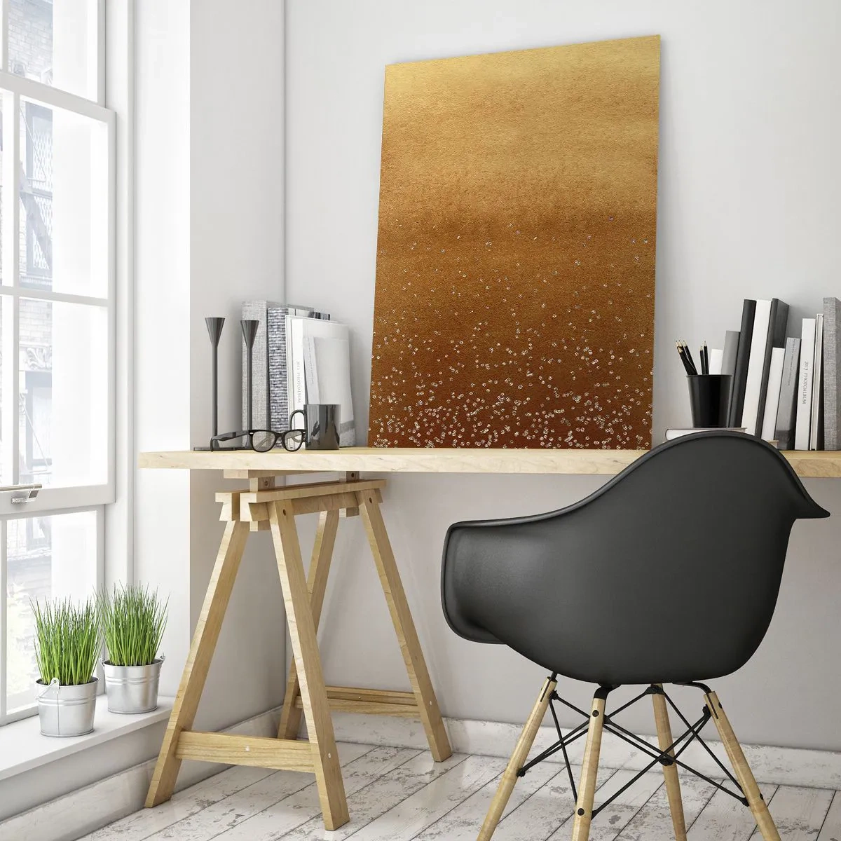 Quadro su vetro - Una sfumatura dorata con sottili riflessi e decorazioni - 80x120cm - La nascita della luce - Decorazione murale moderna per soggiorno e camera da letto ARTTOR