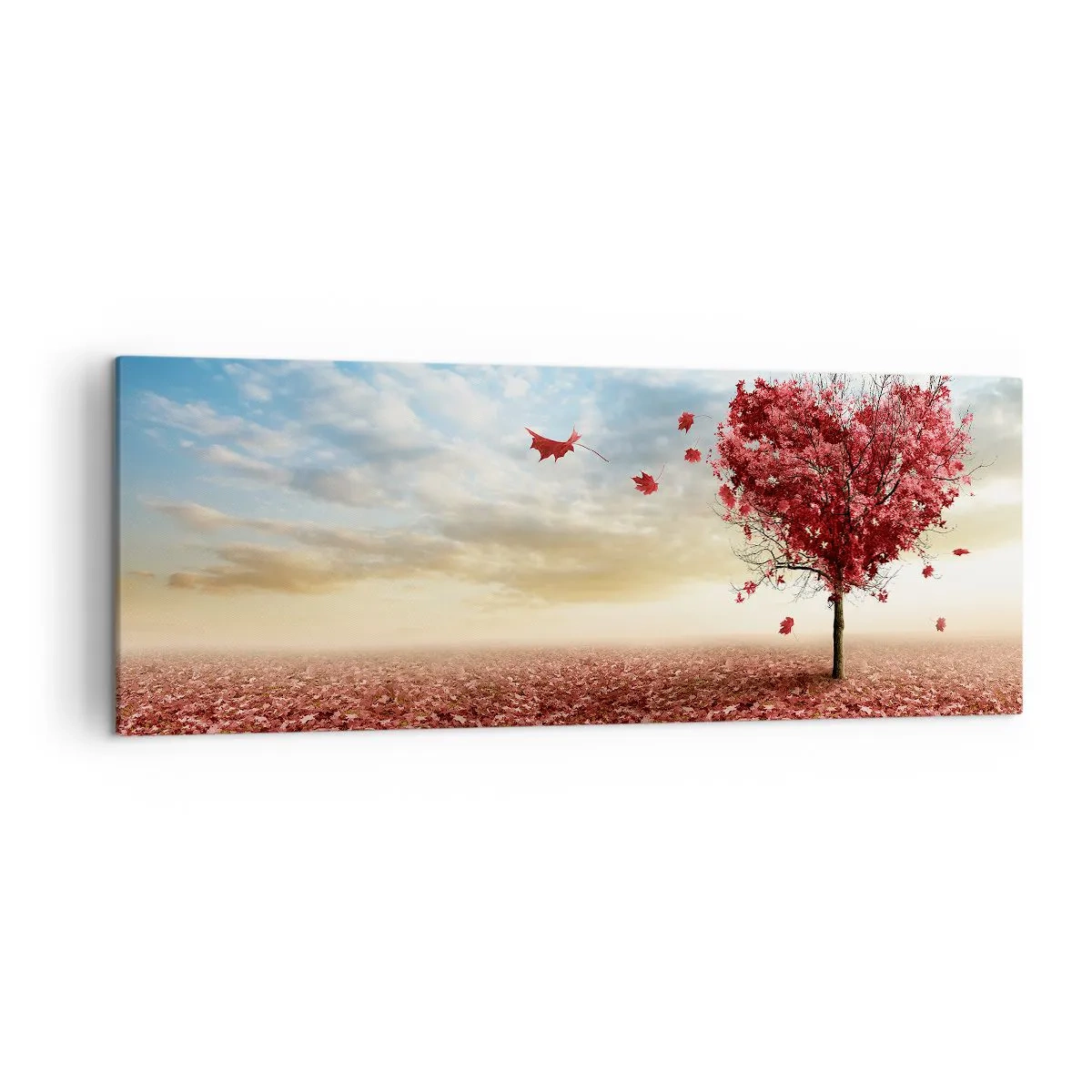 Quadro su tela - Stampe su Tela - Un albero solitario a forma di cuore in un campo di foglie rosse - 140x50cm - Ama questo autunno - Decorazione murale moderna per soggiorno e camera da letto ARTTOR
