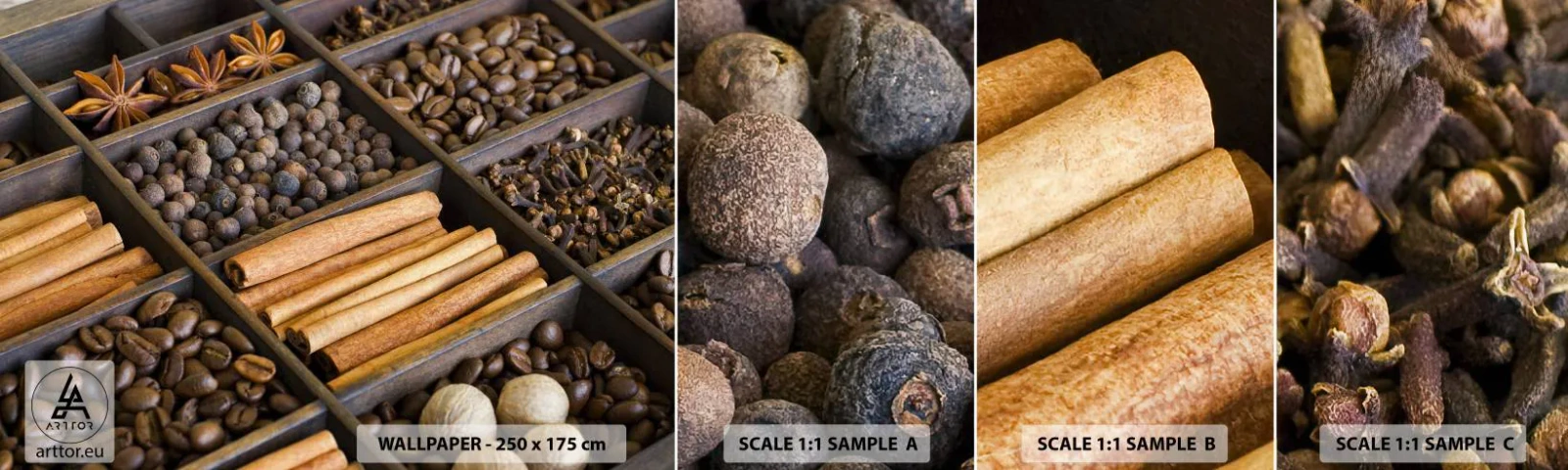 Campione Di Fotomurale Standard Eco - Il tesoro degli aromi - Spezie, Caffè, Cannella - 100x30 cm