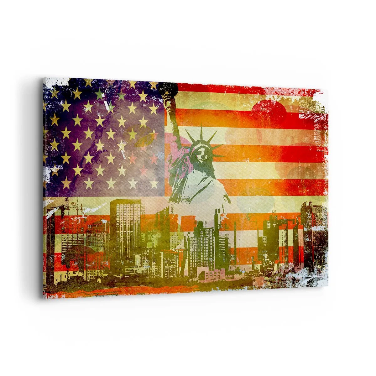 Quadro su tela - Stampe su Tela - La Statua della Libertà sullo sfondo della bandiera americana e dello skyline della città - 120x80cm - Viva l'America! - Decorazione murale moderna per soggiorno e camera da letto ARTTOR