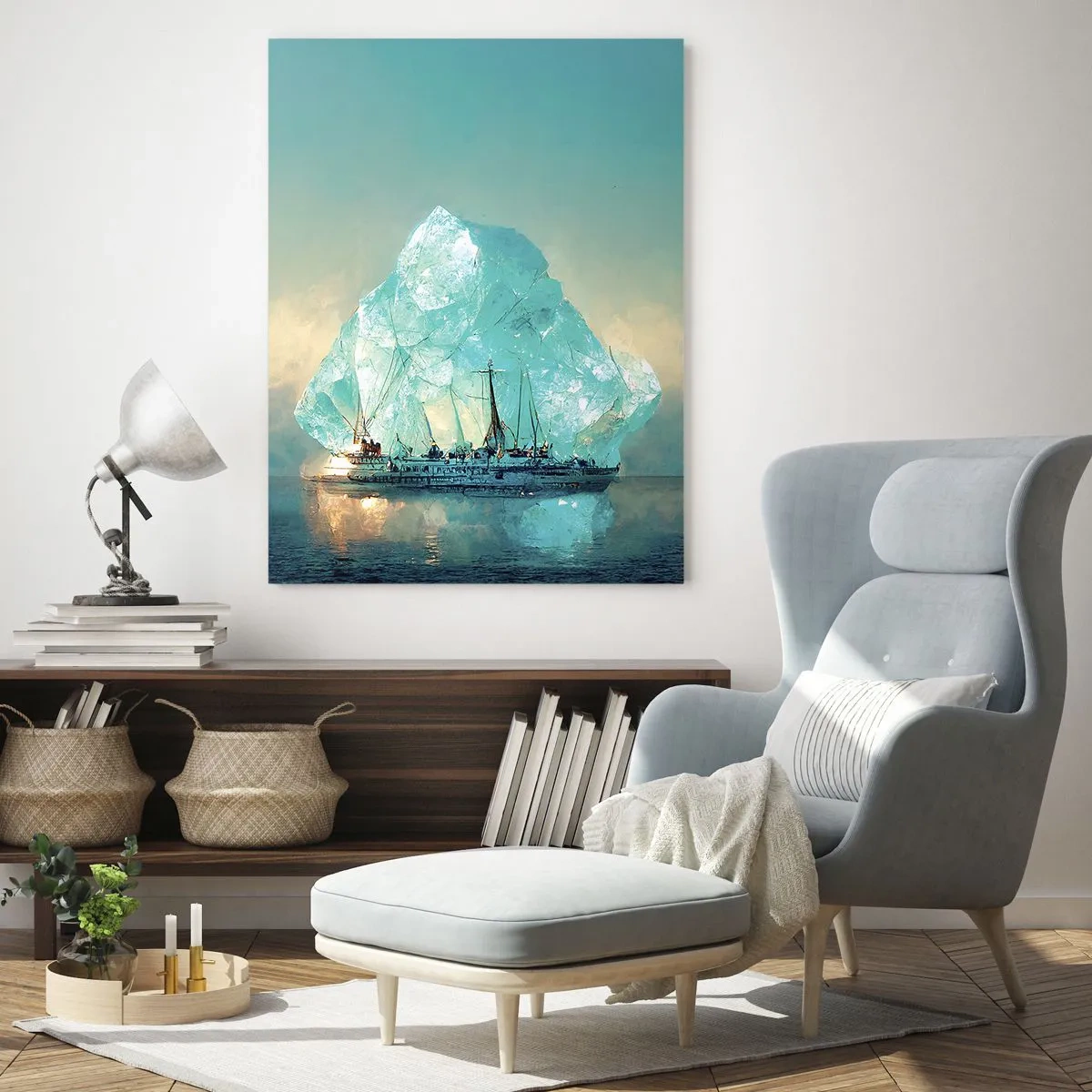 Quadro su vetro - Una nave a vela di fronte a un enorme ghiacciaio nella luce artica. - 50x70cm - Brillante artico - Decorazione murale moderna per soggiorno e camera da letto ARTTOR