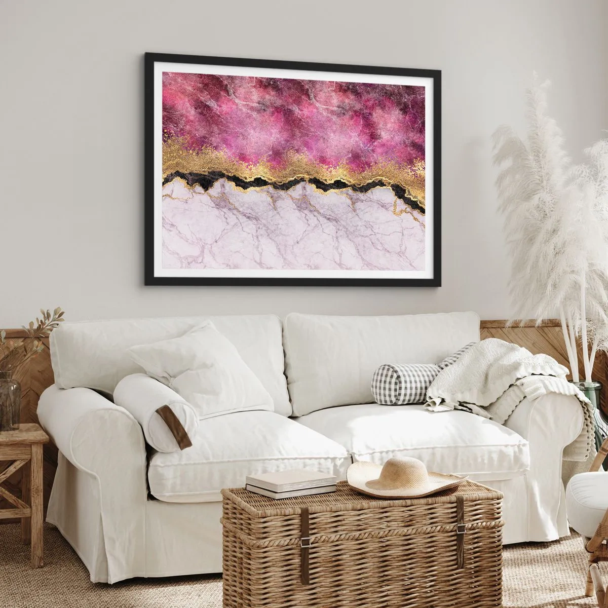 Poster in cornice nera - Marmo astratto nei toni del rosa con accenti dorati - 70x50cm - Sul confine - Decorazione murale moderna per soggiorno e camera da letto ARTTOR