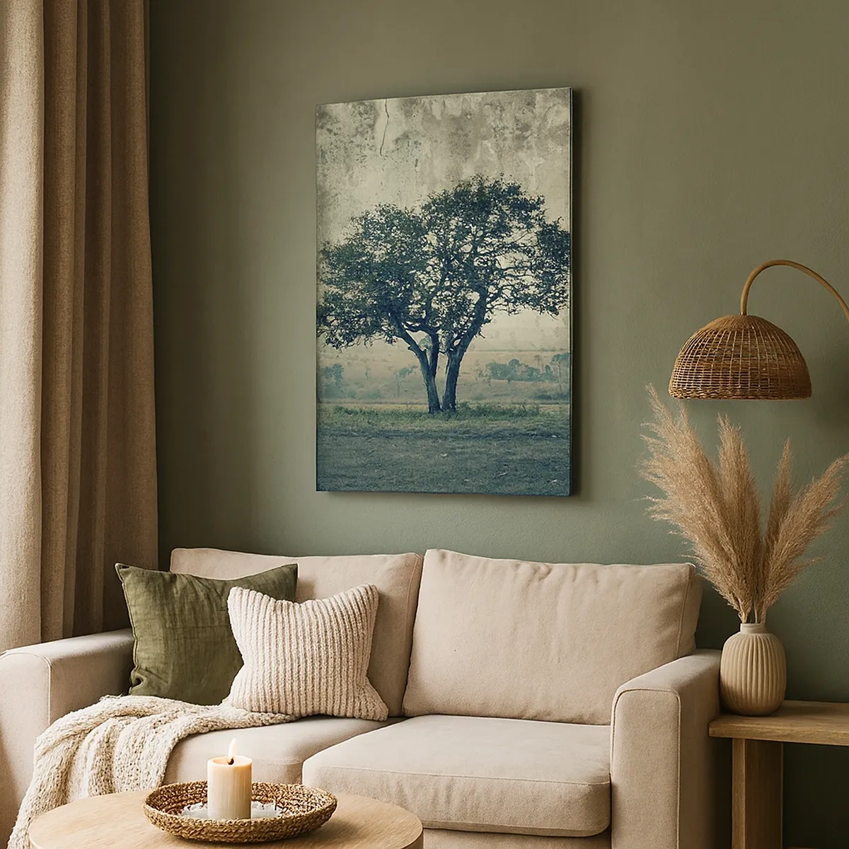 Quadro su tela - Stampe su Tela - Un albero solitario contro un paesaggio nebbioso - 50x70cm - Un melo su un prato blu? - Decorazione murale moderna per soggiorno e camera da letto ARTTOR