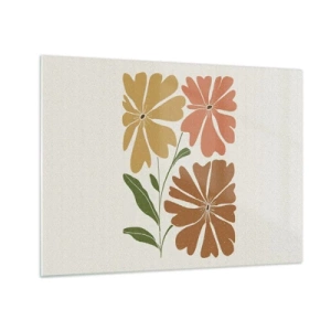 Quadro su vetro - Tre fiori stilizzati dai colori caldi su uno sfondo chiaro - 70x50cm - Natura e geometria - Decorazione murale moderna per soggiorno e camera da letto ARTTOR