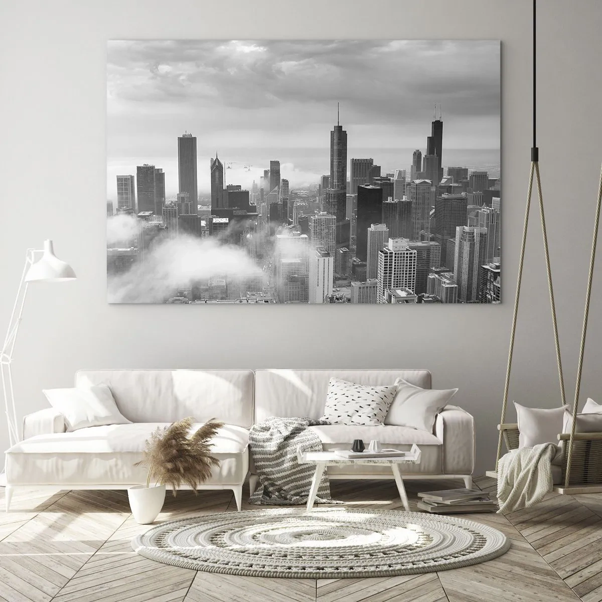Quadro su vetro - Panorama della città con grattacieli in bianco e nero - 100x70cm - Paesaggio americano - Decorazione murale moderna per soggiorno e camera da letto ARTTOR