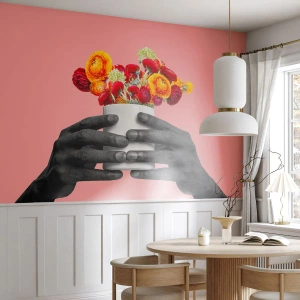 Fotomurali Premium Sand - Mani bianche e nere che tengono un colorato mazzo di fiori - 100x70cm - Apoteosi di vita - Decorazione murale moderna per soggiorno e camera da letto ARTTOR