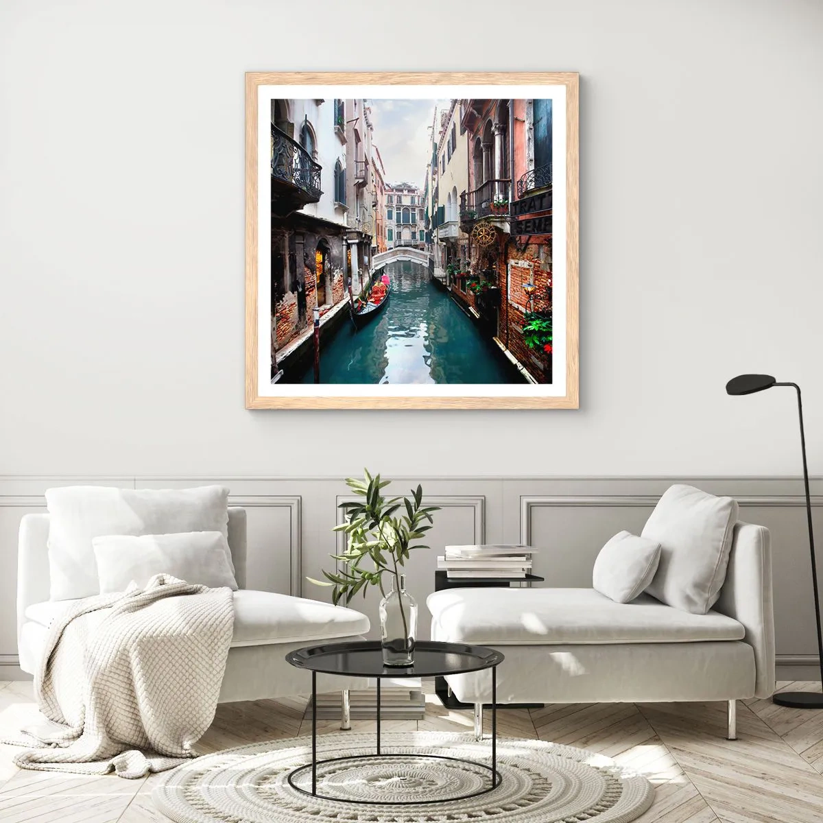 Poster in cornice rovere chiaro - Paesaggio veneziano con gondola e ponte - 30x30 cm