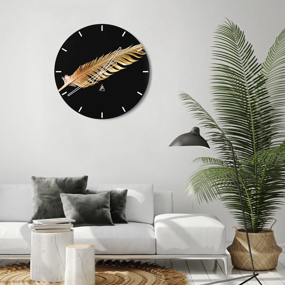 Orologio da parete - Orologio in Vetro - Piuma dorata su sfondo nero - 30x30cm - Non una piuma qualsiasi.... - Decorazione murale moderna per soggiorno, cucina e camera da letto ARTTOR