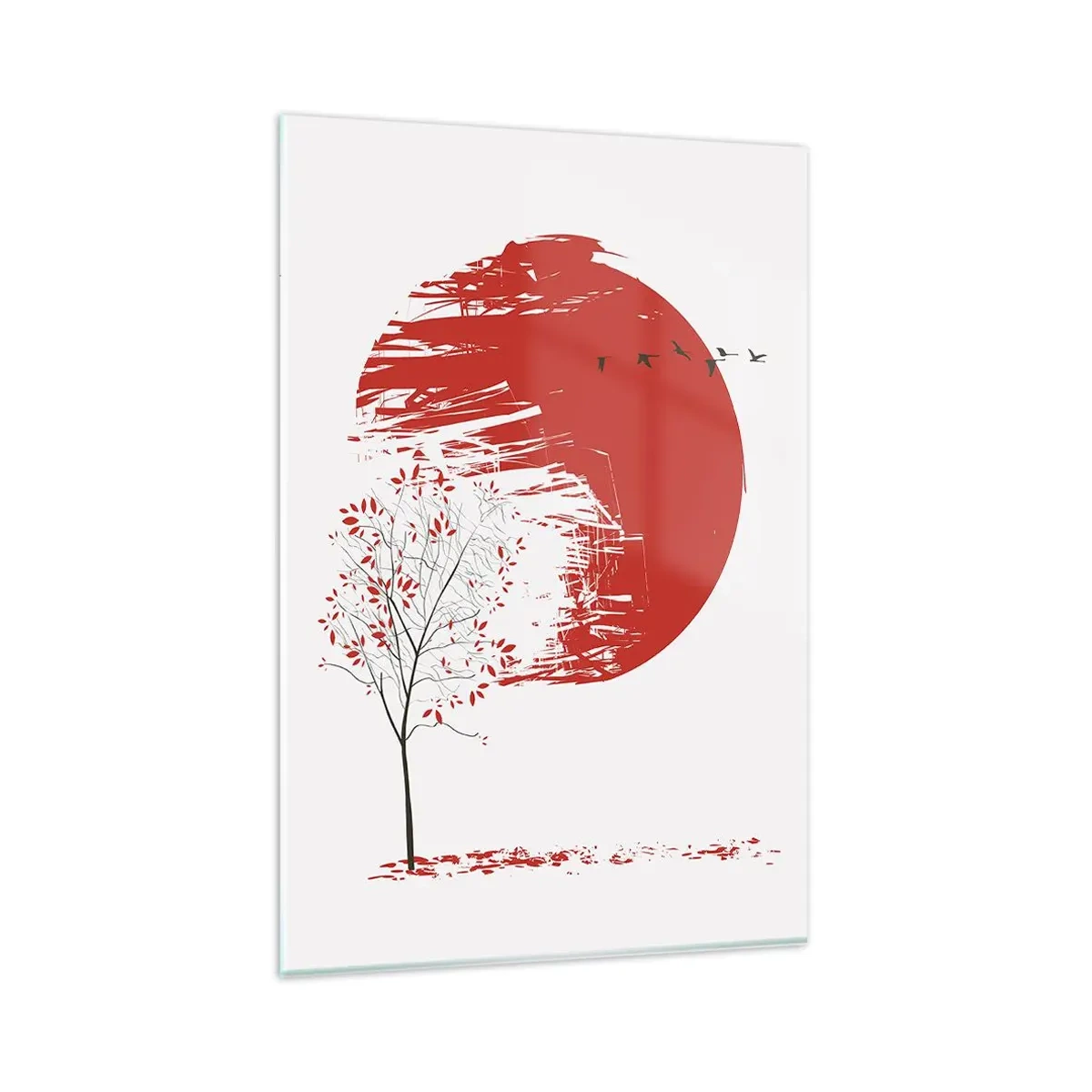 Quadro su vetro - Cerchio rosso e albero in stile giapponese - 80x120cm - Conosci questo paese? - Decorazione murale moderna per soggiorno e camera da letto ARTTOR