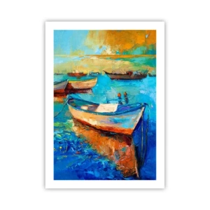 Poster - Barche colorate sull'acqua in stile impressionista - 50x70cm - Nella baia del sud - Decorazione murale moderna per soggiorno e camera da letto ARTTOR