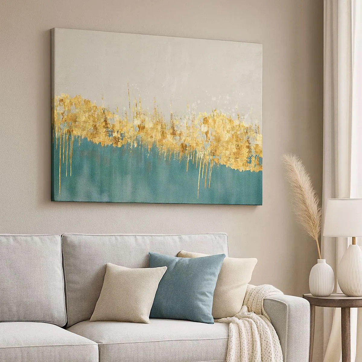 Quadro su tela - Stampe su Tela - Accenti dorati su sfondo verde-beige - 70x50cm - Confine dorato - Decorazione murale moderna per soggiorno e camera da letto ARTTOR