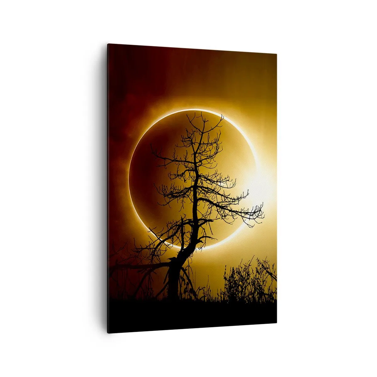 Quadro su tela - Stampe su Tela - Eclissi solare con la sagoma di un albero in primo piano - 80x120cm - Eclissi totale - Decorazione murale moderna per soggiorno e camera da letto ARTTOR