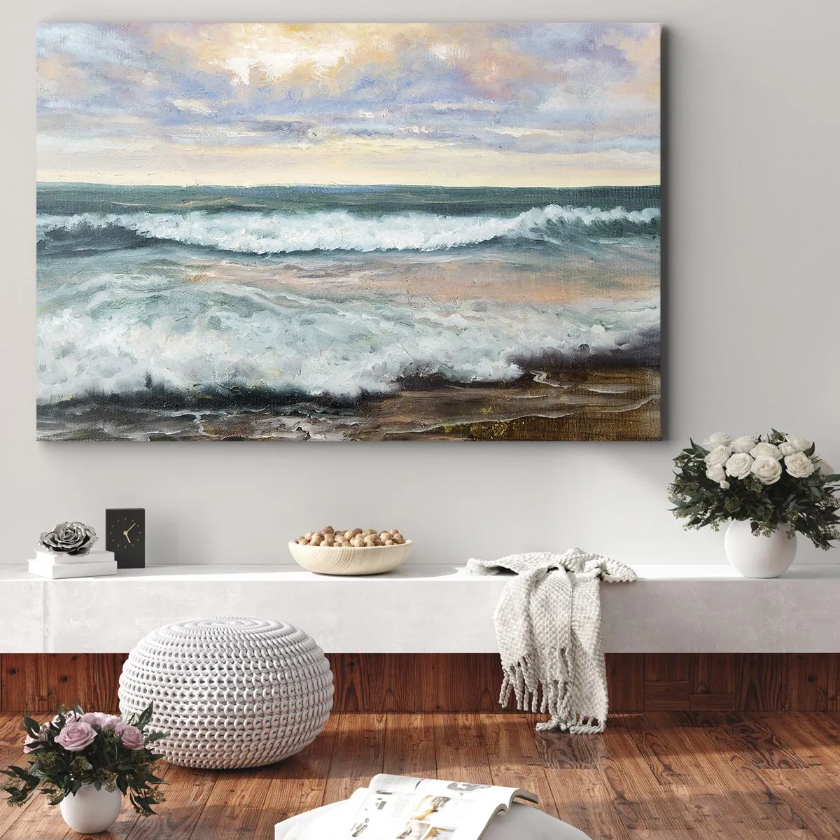 Quadro su tela - Stampe su Tela - Onde del mare contro un cielo nuvoloso al tramonto - 120x80cm - Dove l'anima si calma - Decorazione murale moderna per soggiorno e camera da letto ARTTOR