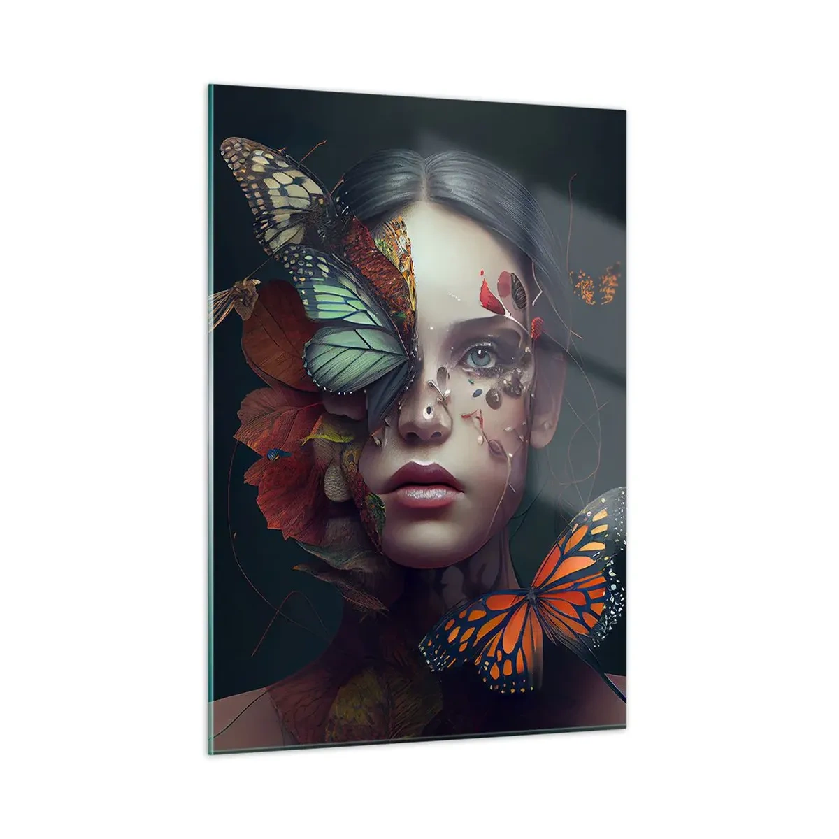 Quadro su vetro - Un volto di donna con farfalle e foglie in una composizione artistica - 50x70cm - Metamorfosi fantastica - Decorazione murale moderna per soggiorno e camera da letto ARTTOR