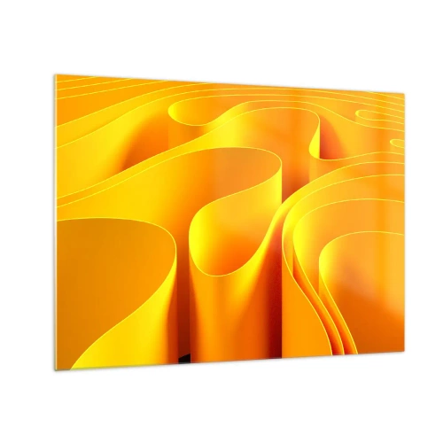 Quadro su vetro - Onde astratte nei toni dell'oro e dell'arancione - 70x50cm - Come onde di sole - Decorazione murale moderna per soggiorno e camera da letto ARTTOR