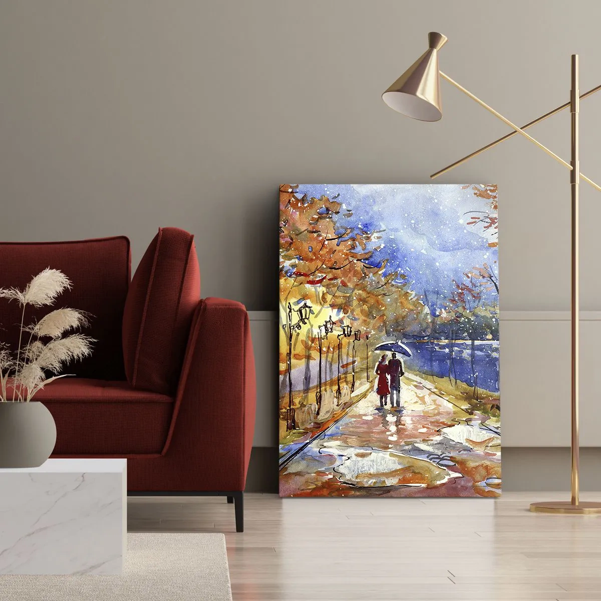 Quadro su tela - Stampe su Tela - Una passeggiata autunnale nel parco sulla riva del fiume sotto l'ombrellone - 50x70cm - Insieme fino ai confini del tempo - Decorazione murale moderna per soggiorno e camera da letto ARTTOR