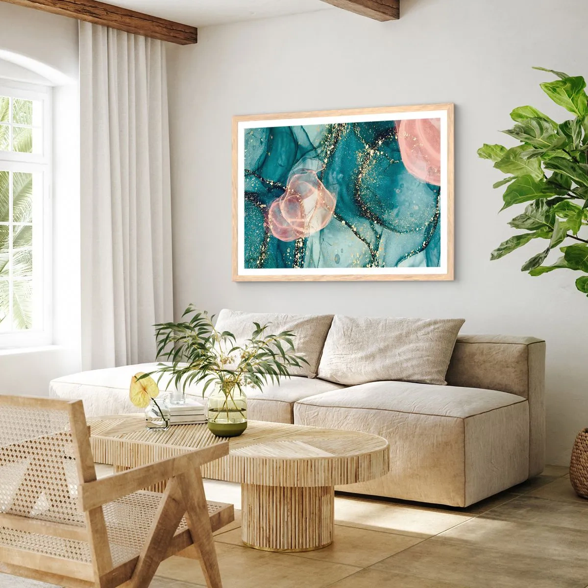 Poster in cornice rovere chiaro - Blu di seta, rosa di tulle - 91x61 cm