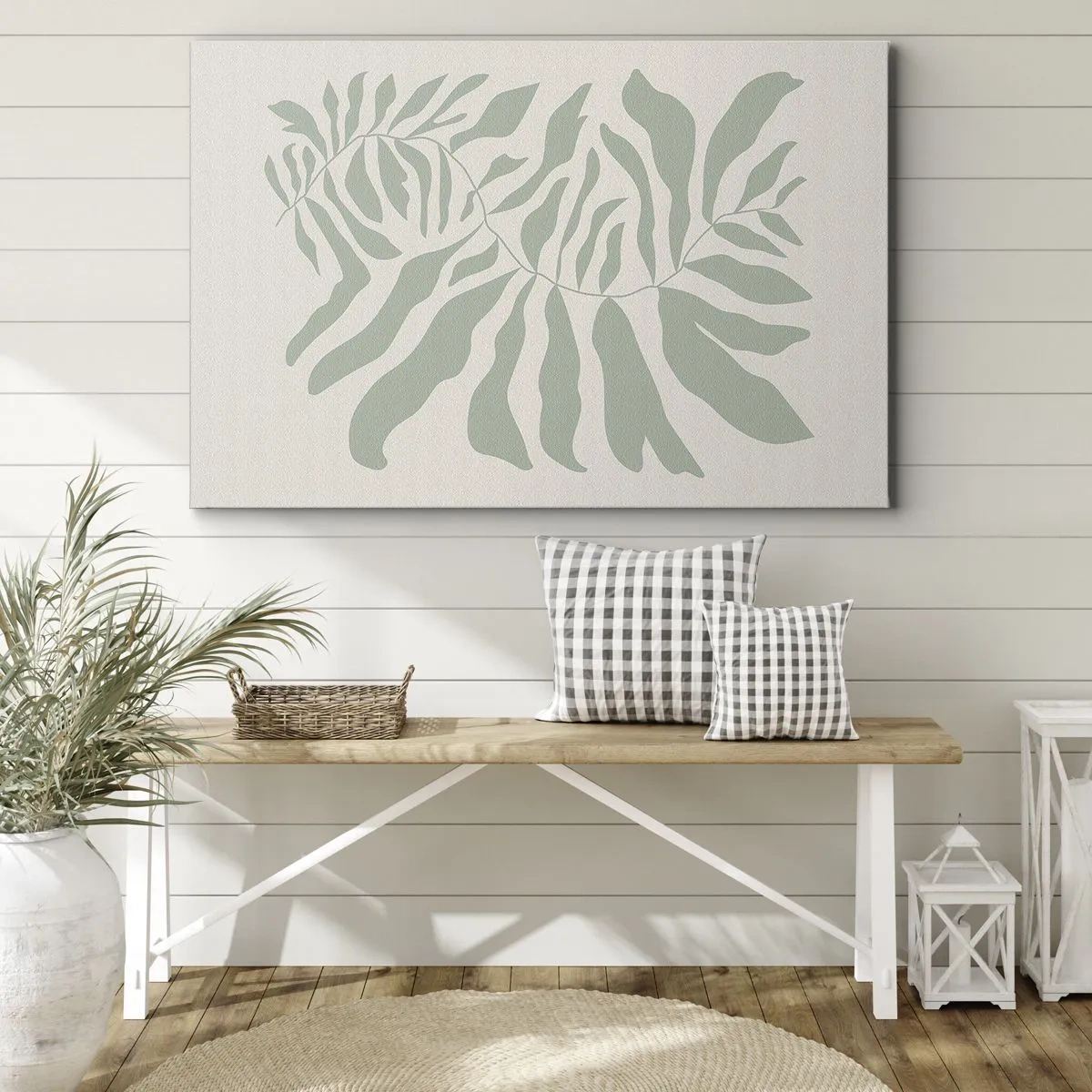 Quadro su tela - Stampe su Tela - Un delicato motivo a ramoscelli con foglie in una tonalità di verde smeraldo - 70x50cm - Ramo smeraldo - Decorazione murale moderna per soggiorno e camera da letto ARTTOR