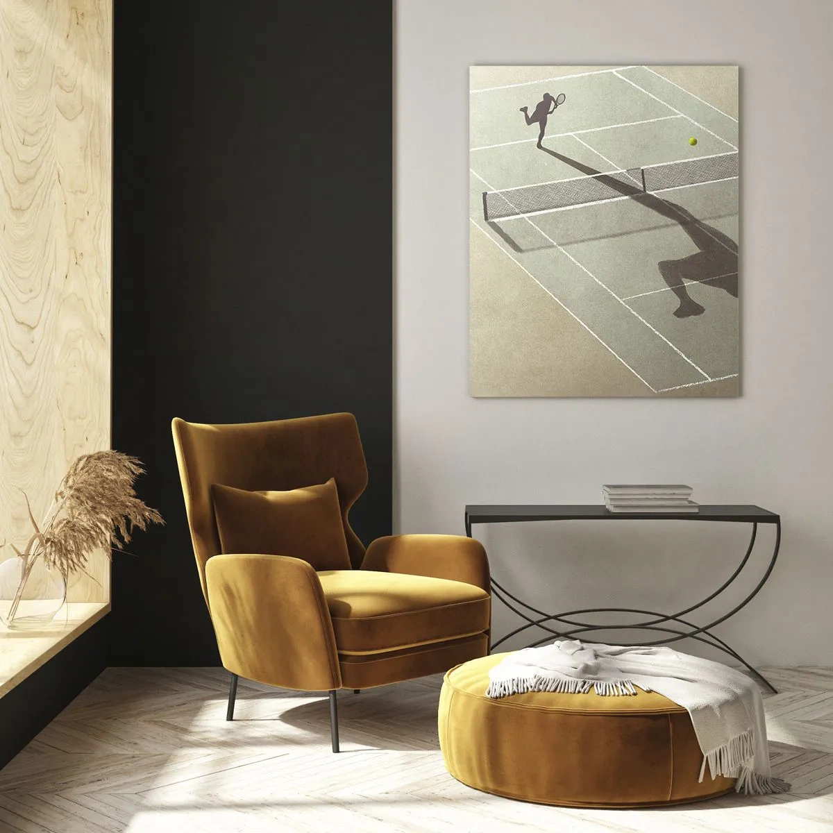 Quadro su vetro - L'ombra di un tennista sul campo durante una partita di tennis - 70x100cm - Sconfiggere se stesso - Decorazione murale moderna per soggiorno e camera da letto ARTTOR